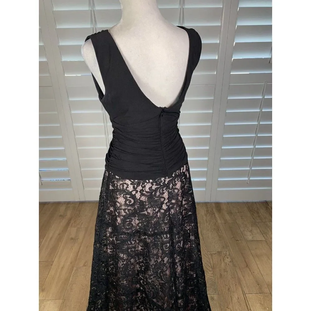 Y2K Black Evening Dress Retro Ruched Lace Skirt 6 Prom Formal SL Fashions Beauty